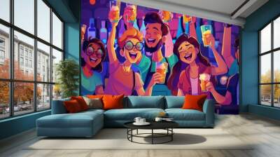 Cartoon vector A cartoon group of friends at a pub raising their glasses in a toast with a lively bar atmosphere and neon lights Wall mural