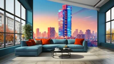 Cartoon vector modern high-rise condominium with a sleek design and cityscape background Wall mural