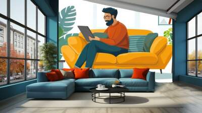 Cartoon vector person using a tablet for work while sitting on a couch Wall mural