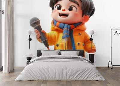 Cheerful Cartoon Character Singing with Microphone Wall mural