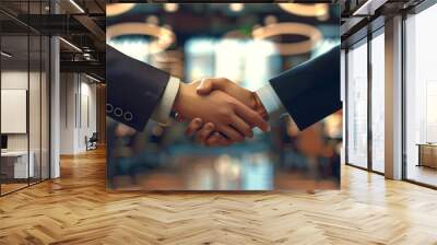 Close-up of a handshake between two business partners sealing a deal with a blurred office background cartoon Vector Illustration Wall mural