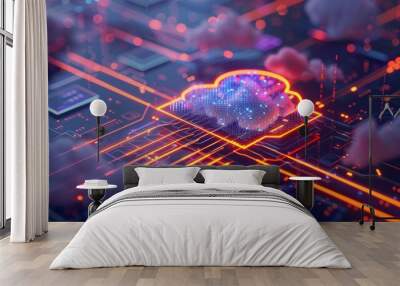 Cloud technology theme background with a digital cloud infrastructure and cloud computing resources Wall mural