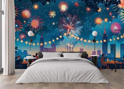 Festive cartoon vector of a rooftop party with people enjoying food and drinks, watching fireworks, and celebrating Independence Day with friends and family Generative AI Wall mural