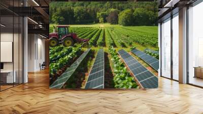 Solar panels installed on a farm powering various agricultural machinery Wall mural