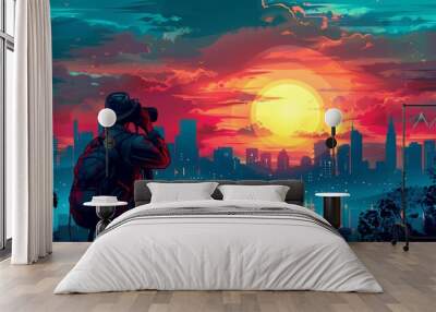 Vibrant cartoon vector of a photographer capturing a beautiful sunset over a city skyline, with vibrant colors and creative elements highlighting the art of photography Wall mural