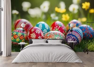 Various Easter eggs and spring flowers in Green Grass background Wall mural