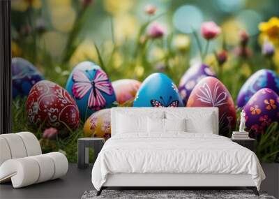 Various Easter eggs with spring pattern theme and spring flowers in Green Grass background Wall mural