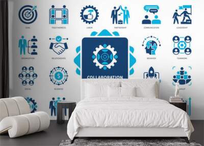 Collaboration icon set. Goal, Togetherness, Communication, Team, Crowdfunding, Cooperation, Social, Result. Duotone color solid icons Wall mural