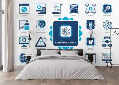 Computer Science icon set. Computation, Automation, Software, Science, Algorithm, Data Structure, Problem Solving, Hardware. Duotone color solid icons Wall mural