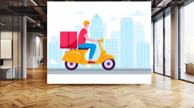 Courier rides a scooter on a city Wall mural