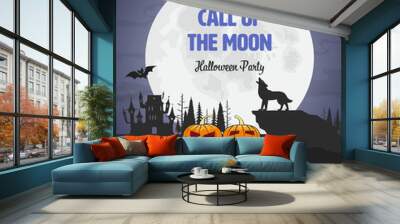 Halloween background. Wolf howling on the moon. Scary pumpkins, forest, full moon and haunted house. Invitation template for Halloween party. Cartoon vector illustration Wall mural