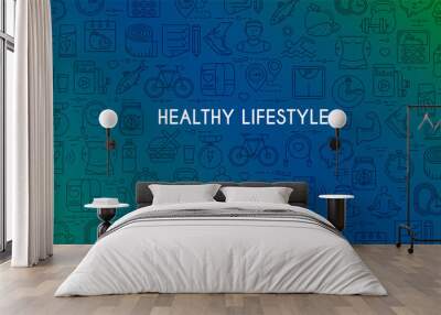 Healthy lifestyle banner. Design template with thin line icons on theme fitness, nutrition and dieting. Vector illustration Wall mural