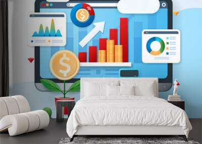 Invest your money banner. Computer with business charts on the screen. Calculator, statistics, planning icons. Web vector illustration in 3D style Wall mural