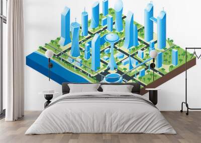 Isometric futuristic cityscape. Vector illustration of city with buildings, cars and trees Wall mural