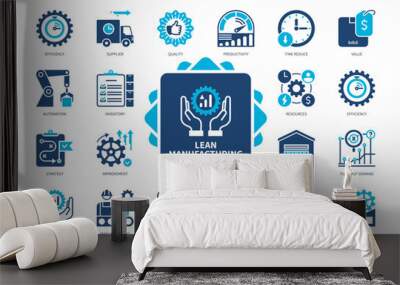 Lean Manufacturing icon set. Enterprise, Quality, Value, Time Reduce, Customers, Manufacturing Lines, Supplier, Profit. Duotone color solid icons Wall mural