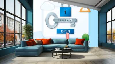 Login window banner. Hand push button, key and lock icons. Personal data security concept. Web vector illustrations in 3D style Wall mural