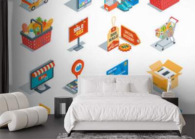 Online shopping isometric icons set Wall mural