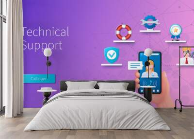 Technical support banner. Support, guarantee, service, quality icons. Web vector landing page template in 3D style Wall mural