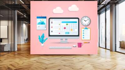 Time management concept. Computer with calendar and daily tasks on screen. Marked checklist, wall clock, calendar. Web vector illustrations in 3D style Wall mural