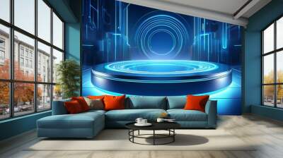 A futuristic, glowing blue platform with a circular design Wall mural