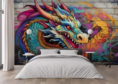 Graffiti dragon illustration art on a concrete wall background with psychedelic style Wall mural