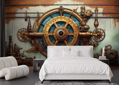 Graffiti steampunk machine illustration art on a factory wall background with steampunk style Wall mural