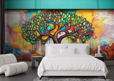 Graffiti tree illustration art on a park wall background with environmental style Wall mural