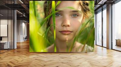 Captivating portrait of a young woman in nature, surrounded by tall grass. Headshot with copy space, ideal for serene and natural themes. Wall mural