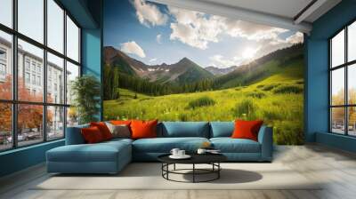 Beautiful green landscape surrounded by mountains Wall mural