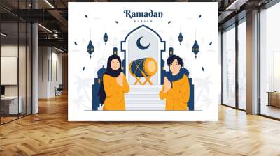 Couple of Man and Woman on Ramadan Kareem concept illustration Wall mural