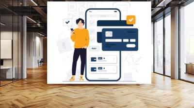 E wallet, digital payment, online transaction with man standing and holding mobile phone concept illustration Wall mural