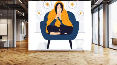 Girl with a cold blowing her nose while lying sick in sofa concept illustration Wall mural