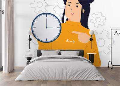 woman holding and Pointing index finger on clock concept illustration Wall mural