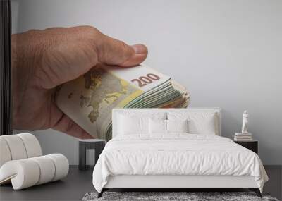 Hand holding a stack of euro banknotes on a white background
 Wall mural