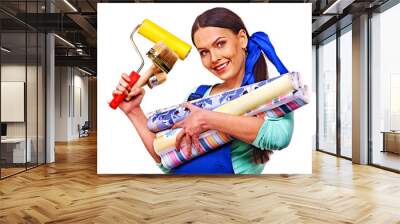 Builder woman with wallpaper. Wall mural