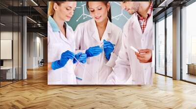 Group chemistry student with flask. Wall mural