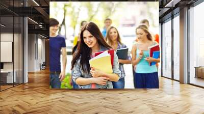 Group student with notebook on bench outdoor. Wall mural