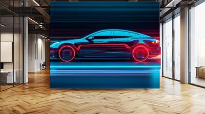 A sleek electric car in motion, showcasing vibrant neon lights and dynamic speed, perfect for modern technology visuals. Wall mural