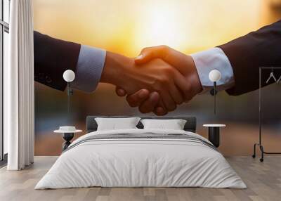 close up of two hands shaking in business setting, symbolizing agreement and partnership during sunset. warm light creates positive and hopeful atmosphere Wall mural