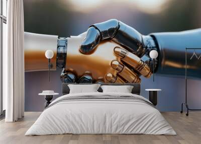 close up of two robotic hands shaking, symbolizing partnership and collaboration between technology and humanity. metallic surfaces reflect light, showcasing blend of gold and silver tones Wall mural