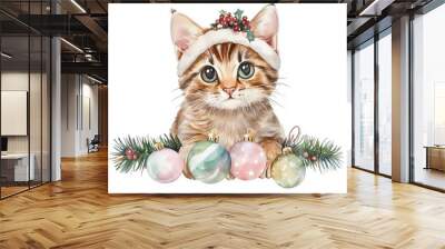 Cute Christmas Cat with Holiday Ornaments Wall mural