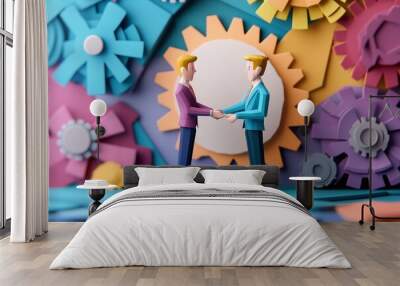 Two figures shake hands against a vibrant backdrop of colorful gears, symbolizing teamwork and collaboration in a creative environment. Wall mural