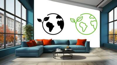 Earth Nature Care Line and Silhouette Icon Set. Ecology Planet and Leaf Pictogram. Eco Globe Green World with Plant Symbol Collection on White Background. Isolated Vector Illustration Wall mural