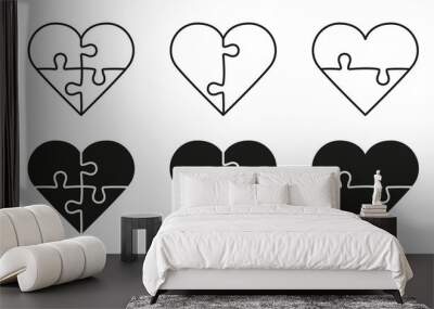 Jigsaw Pieces Match Together in Heart Shape Line and Silhouette Icon Set. Puzzle Combination Pictogram. Greeting Love Card for Valentine Day Symbol Collection. Isolated Vector Illustration Wall mural