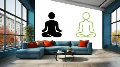 Yoga Position Silhouette and Line Icon. Meditate Relax Pictogram. Spiritual Chakra Zen Icon. Calm Aura Galaxy Serenity and Health Body. Meditation Logo. Editable Stroke. Isolated Vector Illustration Wall mural