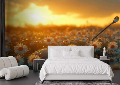 Dog Sleeping in a Field of Daisies at Sunset Wall mural