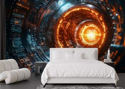 Futuristic tunnel with bright orange lights, glowing from the center. Wall mural