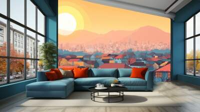 A collection of images showcasing a winter sunrise over a cityscape featuring a panoramic view of hills and a prominent mountain range Wall mural