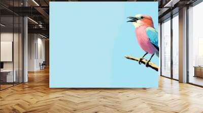 A Lilac breasted Roller Coracias caudata with an open beak sitting on a dried branch under a clear blue sky Wall mural