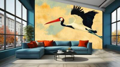 A saddle billed stork soaring through the sky Wall mural